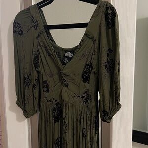 Angie Olive Green Long Sleeve Dress with Black Floral Design
